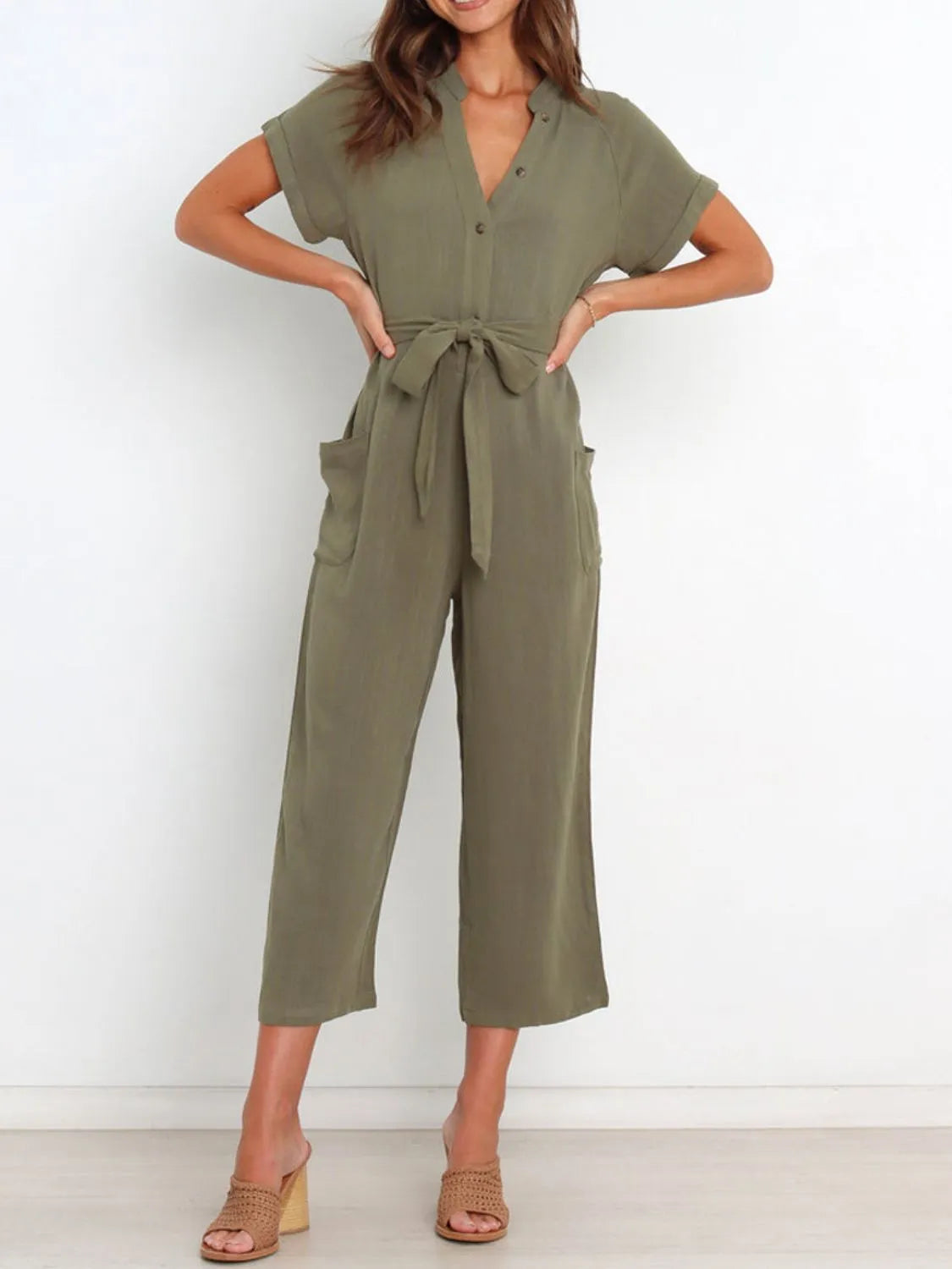 Notched Short Sleeve Tie Waist Jumpsuit