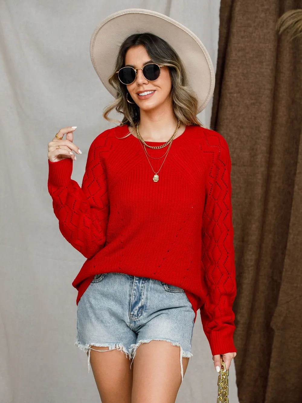 Openwork Round Neck Raglan Sleeve Sweater (34)
