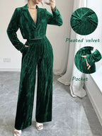 Pleated Velvet Blazer Wide Leg Pants Set (8)