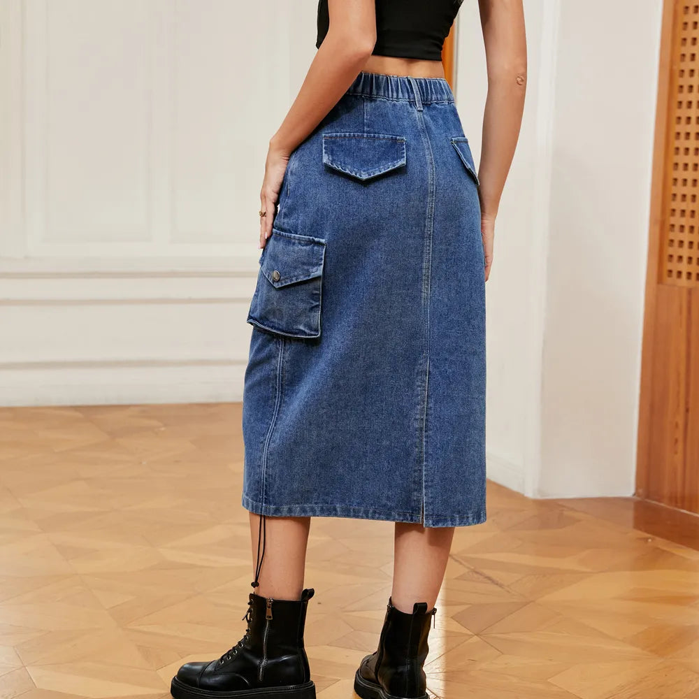 Drawstring Ruched Slit Denim Midi Skirt (4)