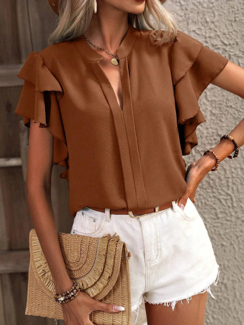 Ruffle Sleeve Notched Blouse (9)