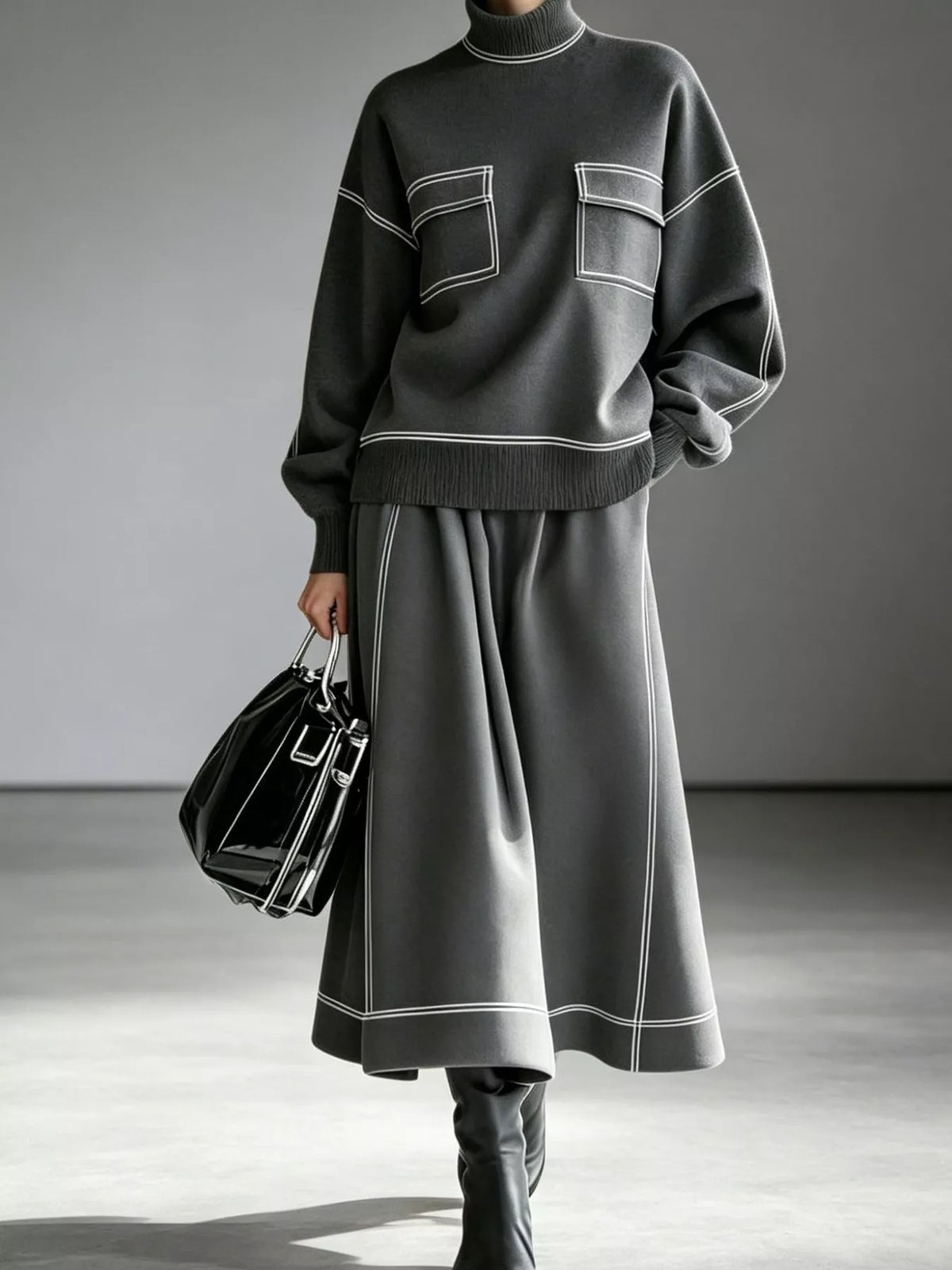 Turtleneck Knit Top Midi Skirt Set