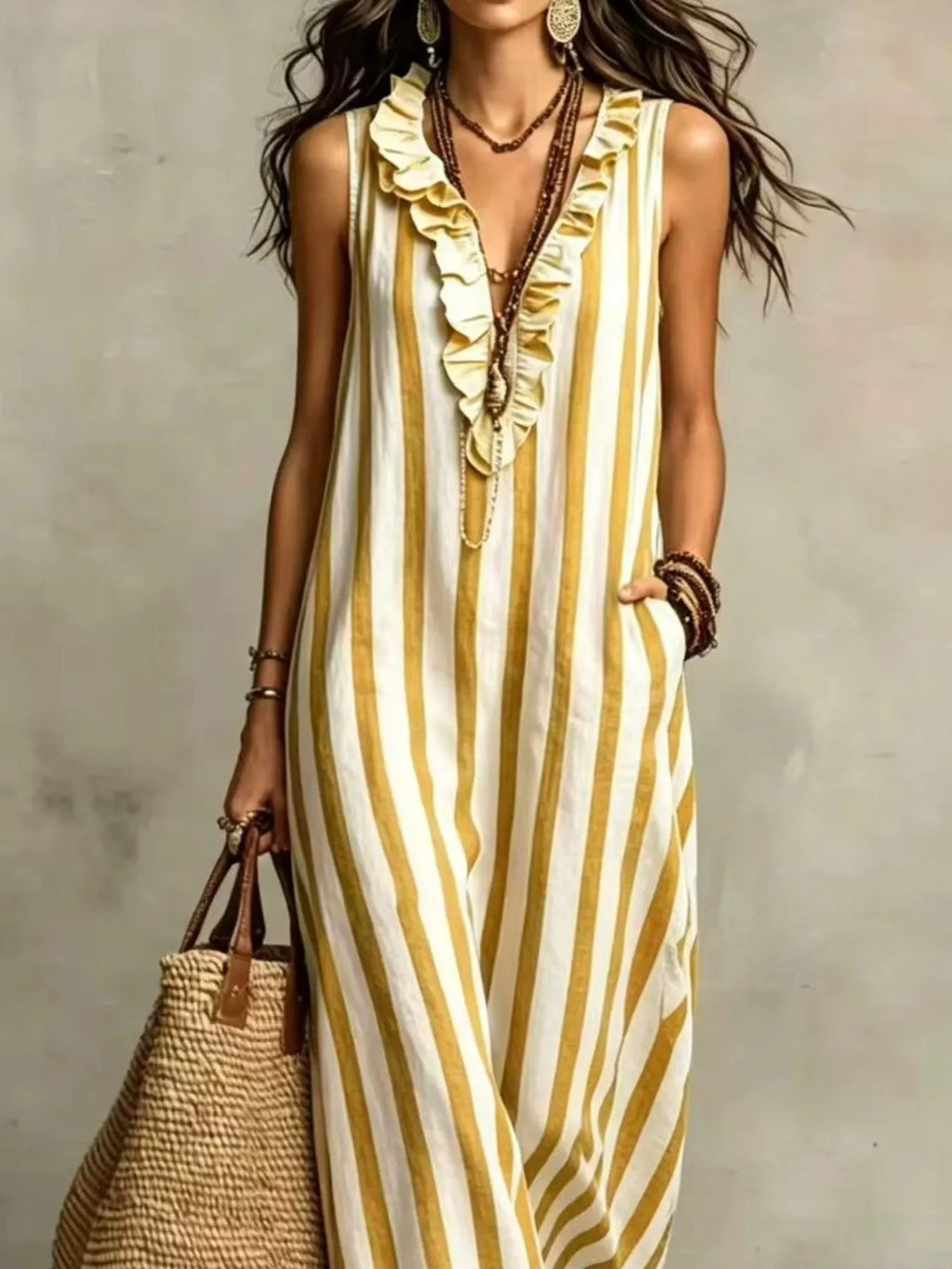 Full Size Sleeveless Striped Ruffle V-neck Maxi Dress Plus (8)