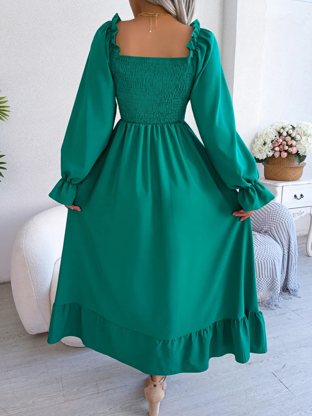Smocked Square Neck Flounce Sleeve Dress (18)