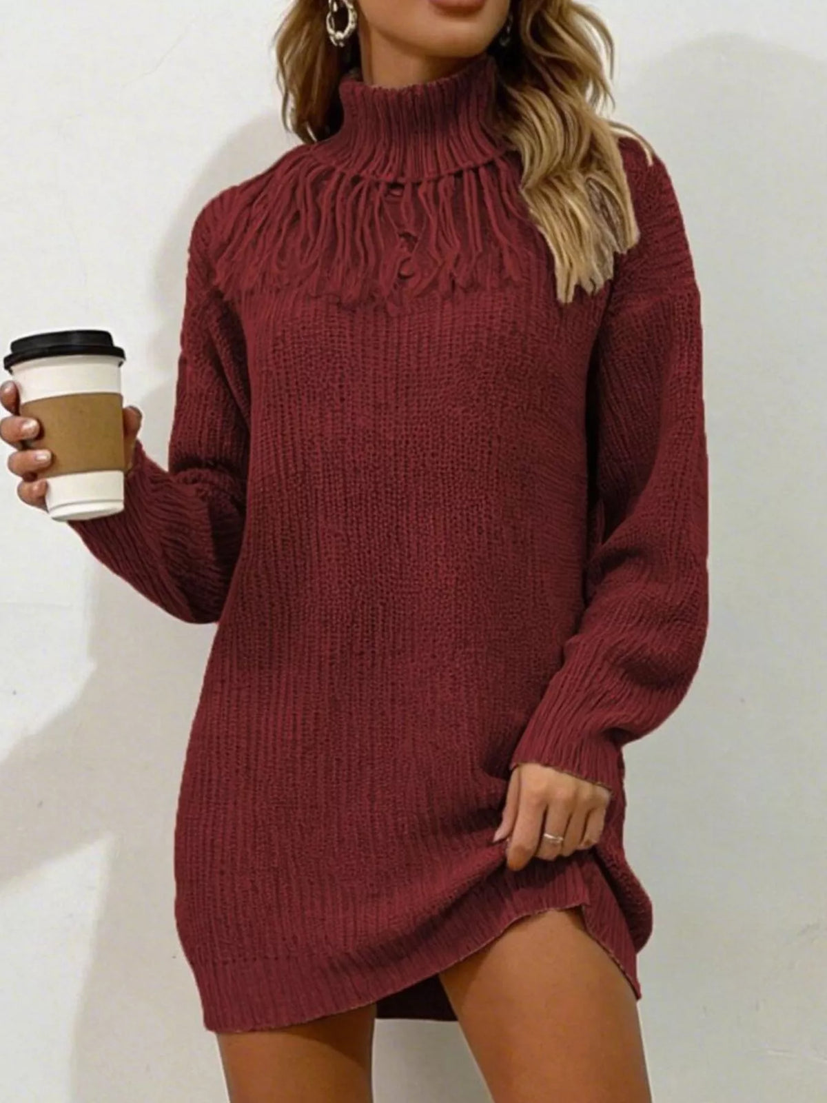 Full Size Turtleneck Fringe Detail Sweater Dress Plus (6)