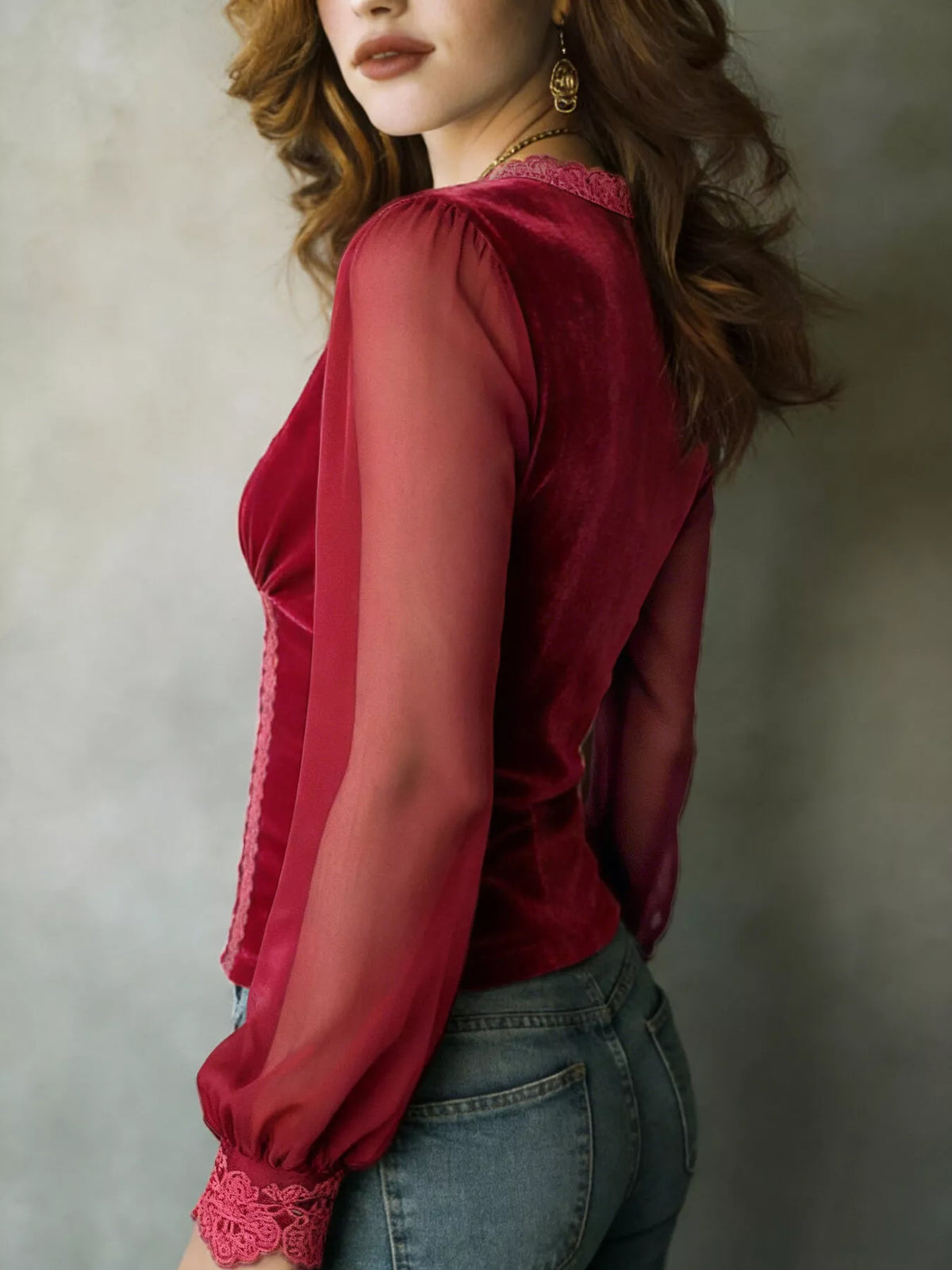 Lace Trim Sheer Long Sleeve Blouse (8)