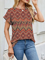 Printed Round Neck Short Sleeve Top (32)
