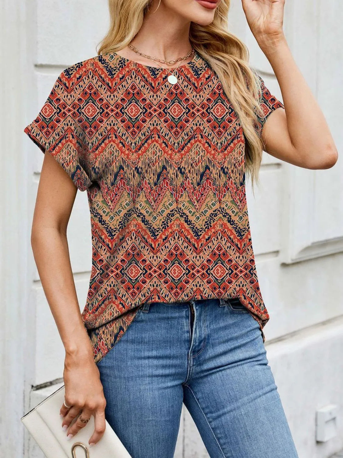 Printed Round Neck Short Sleeve Top (32)