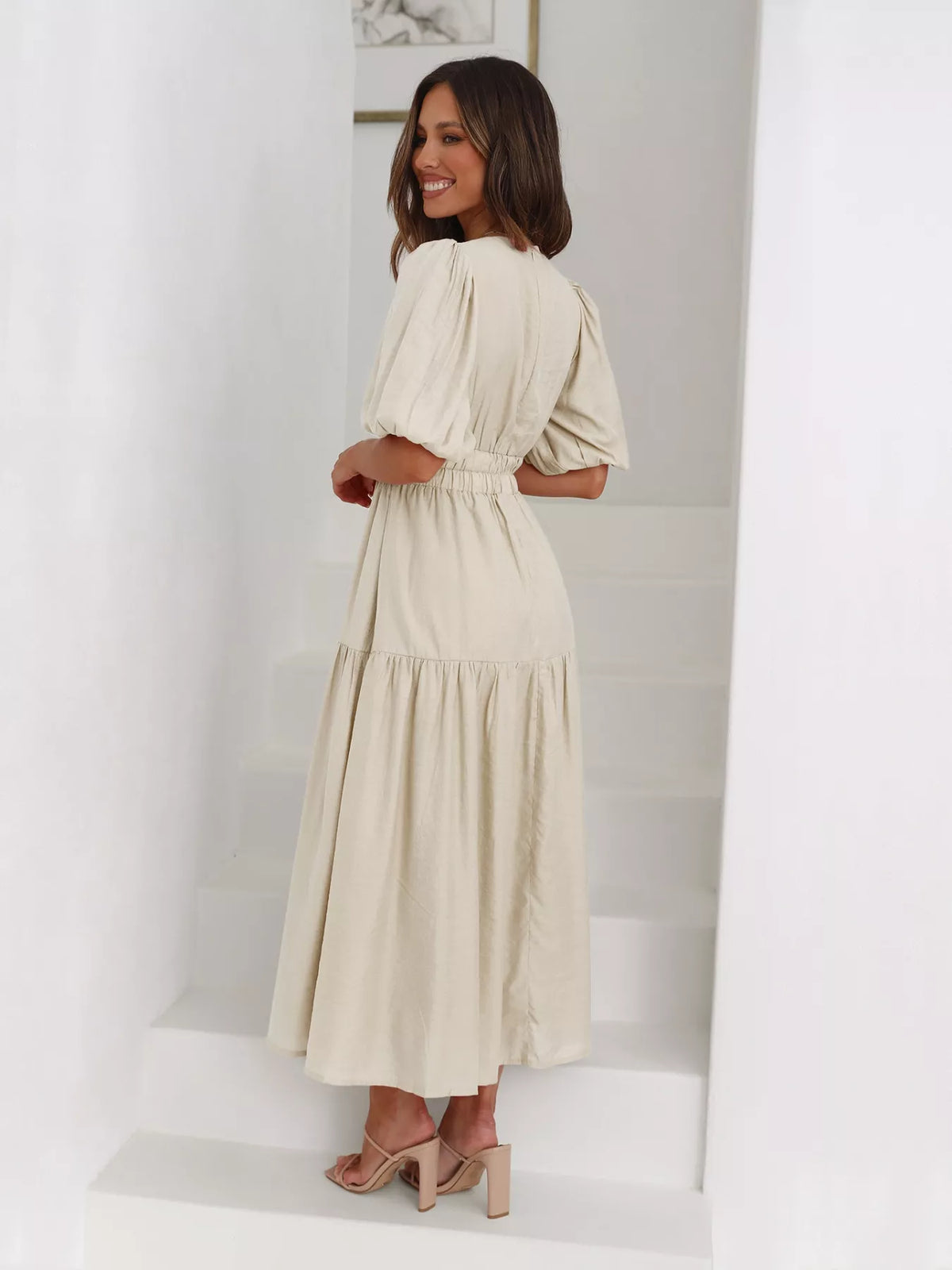 Tiered Puff Sleeve Midi Dress (12)