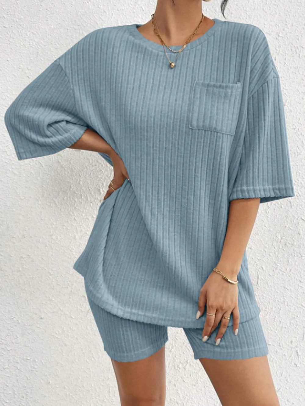 Ribbed Round Neck Top Shorts Set (9)