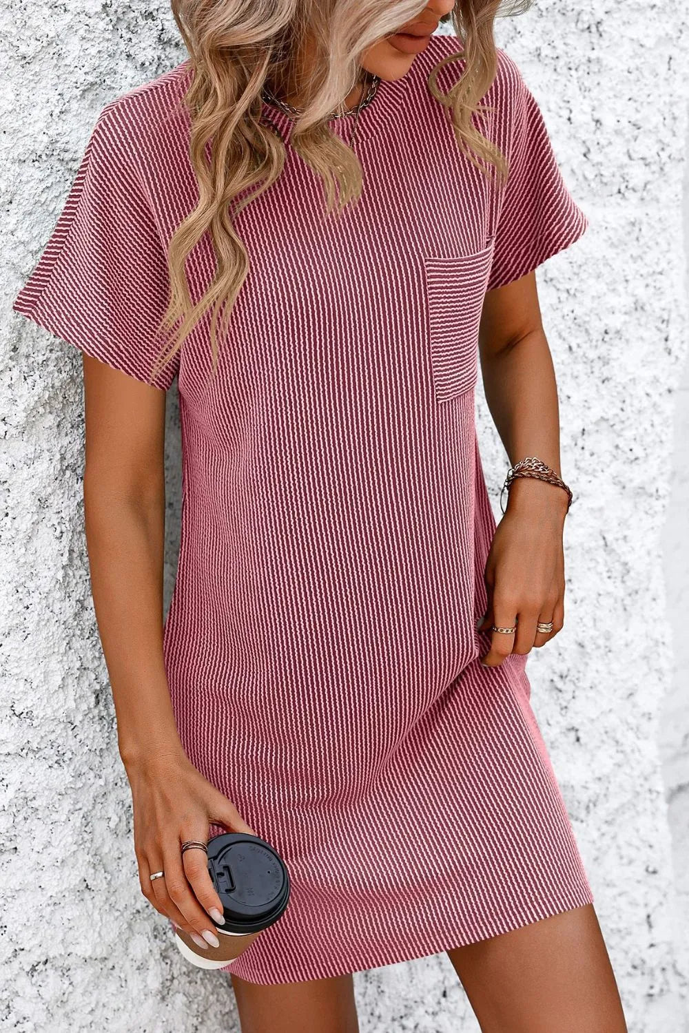 Ribbed Striped Short Sleeve Mini Tee Dress (14)