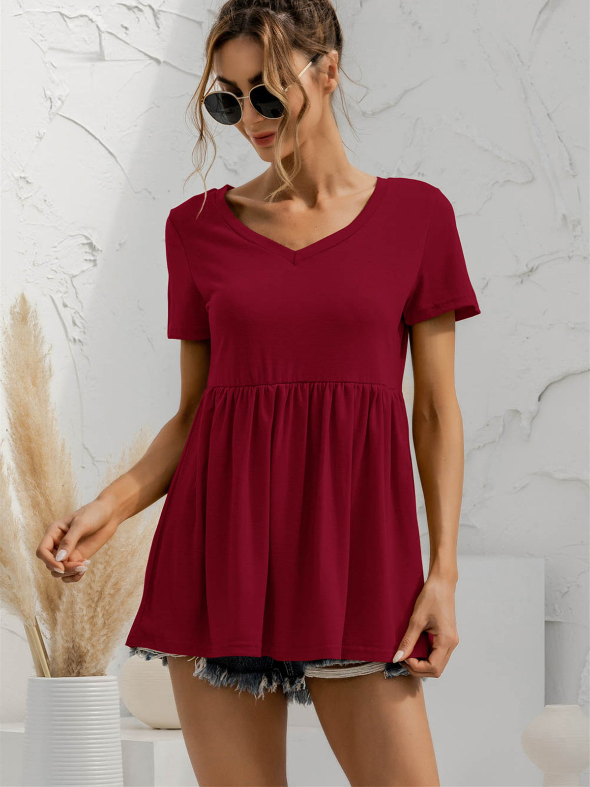 V-neck Short Sleeve Babydoll Top (10)