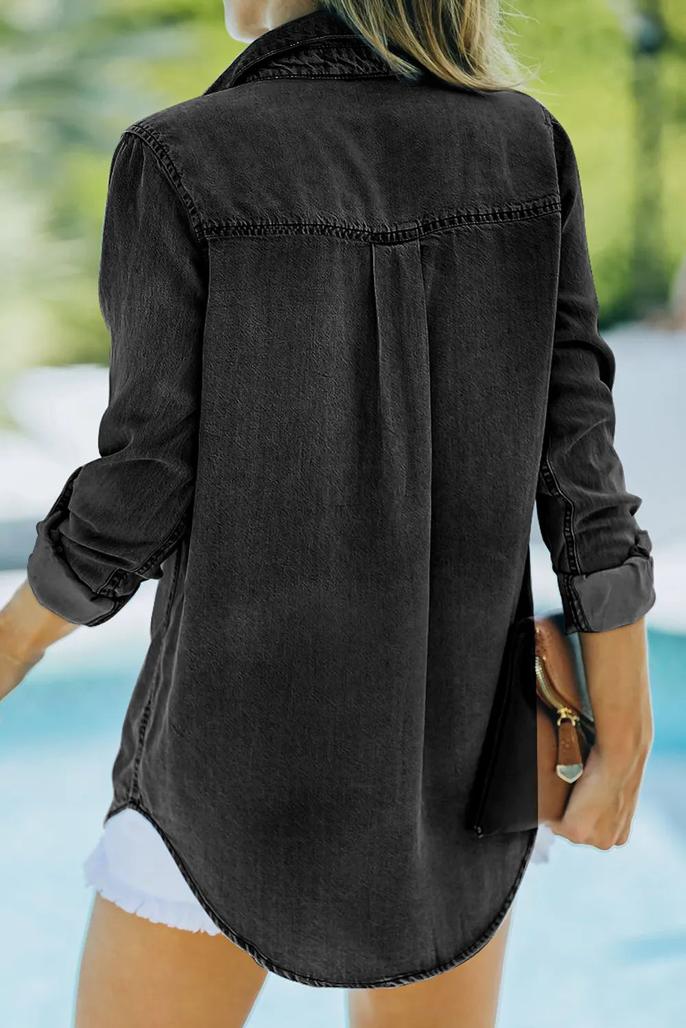 Pocketed Collared Neck Long Sleeve Denim Top (13)