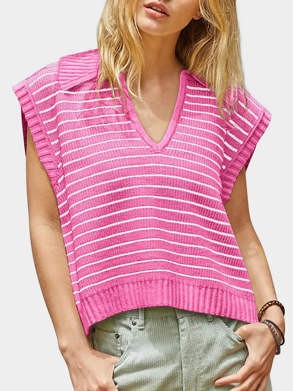 Collared Neck Striped Sweater Vest (17)