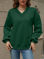 V-neck Long Sleeve Dropped Shoulder Sweatshirt (32)