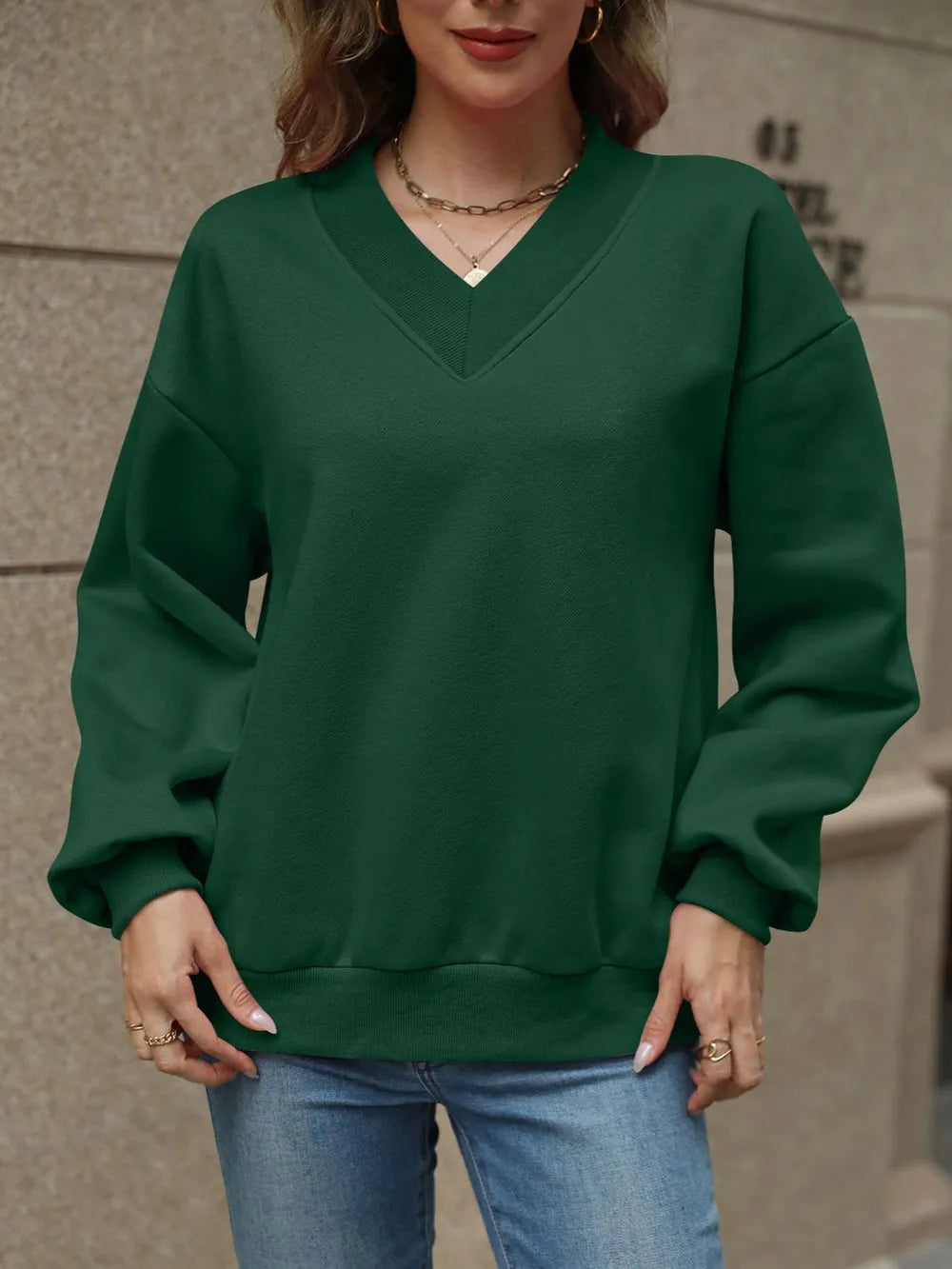 V-neck Long Sleeve Dropped Shoulder Sweatshirt (32)
