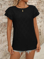 Eyelet Round Neck Double Layered Ruffled Short Sleeve Top (22)