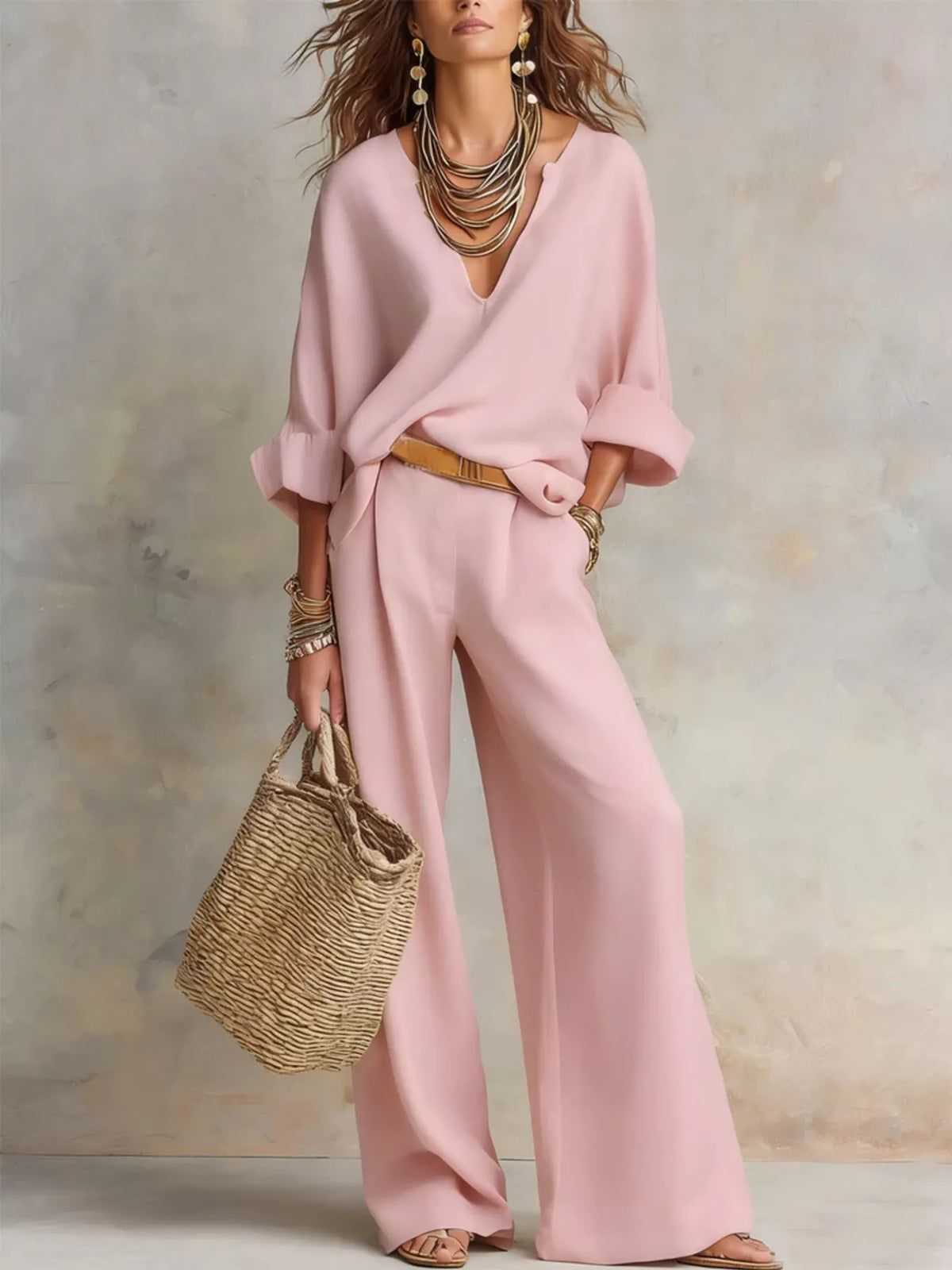 Full Size Loose Fit Top Wide-leg Pants Set Plus (9)