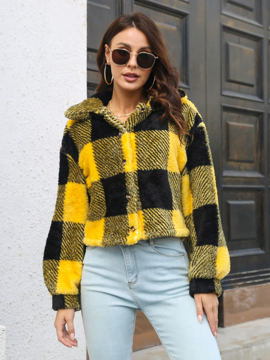 Plaid Dropped Shoulder Buttoned Jacket (4)