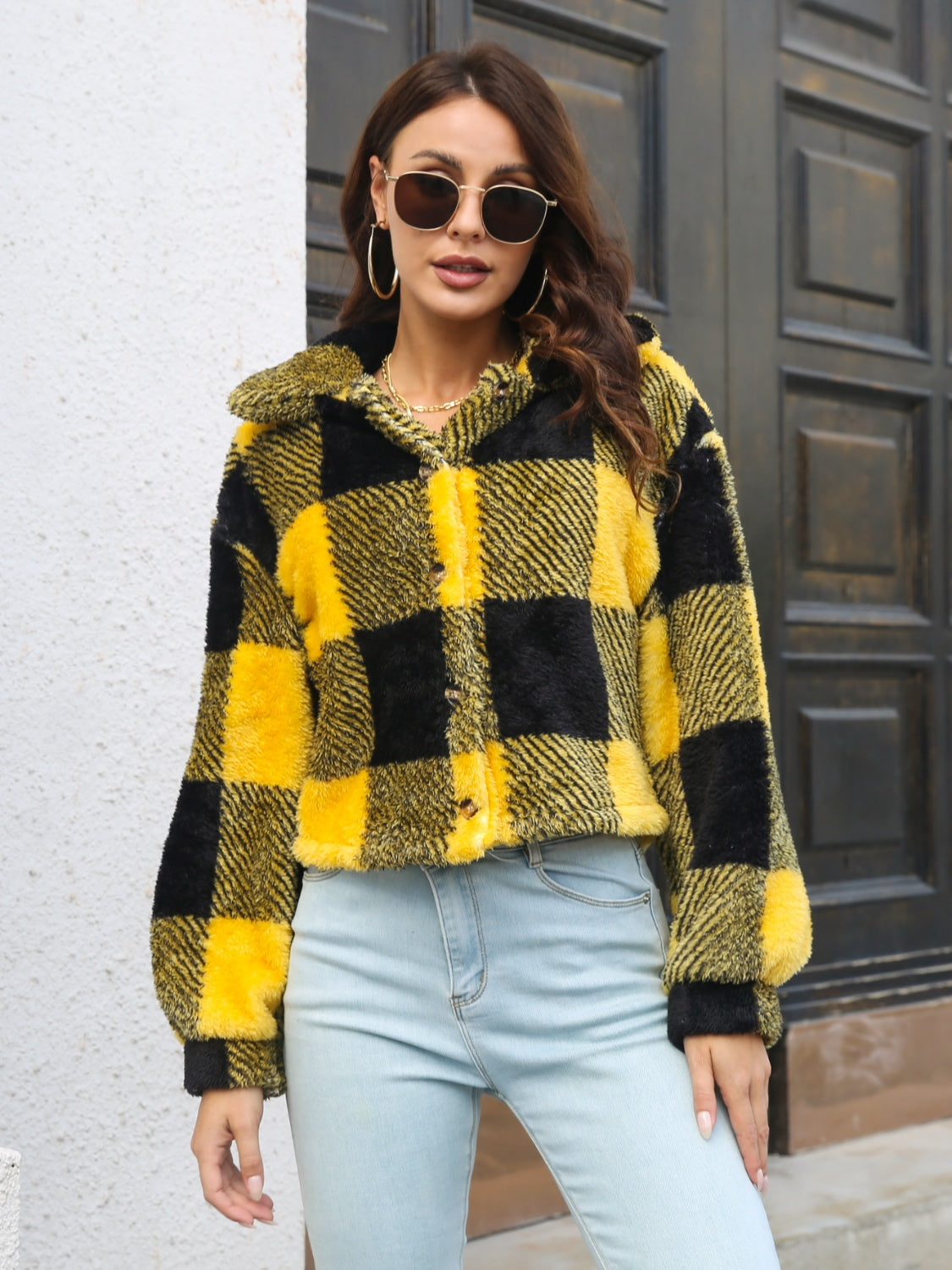 Plaid Dropped Shoulder Buttoned Jacket (4)