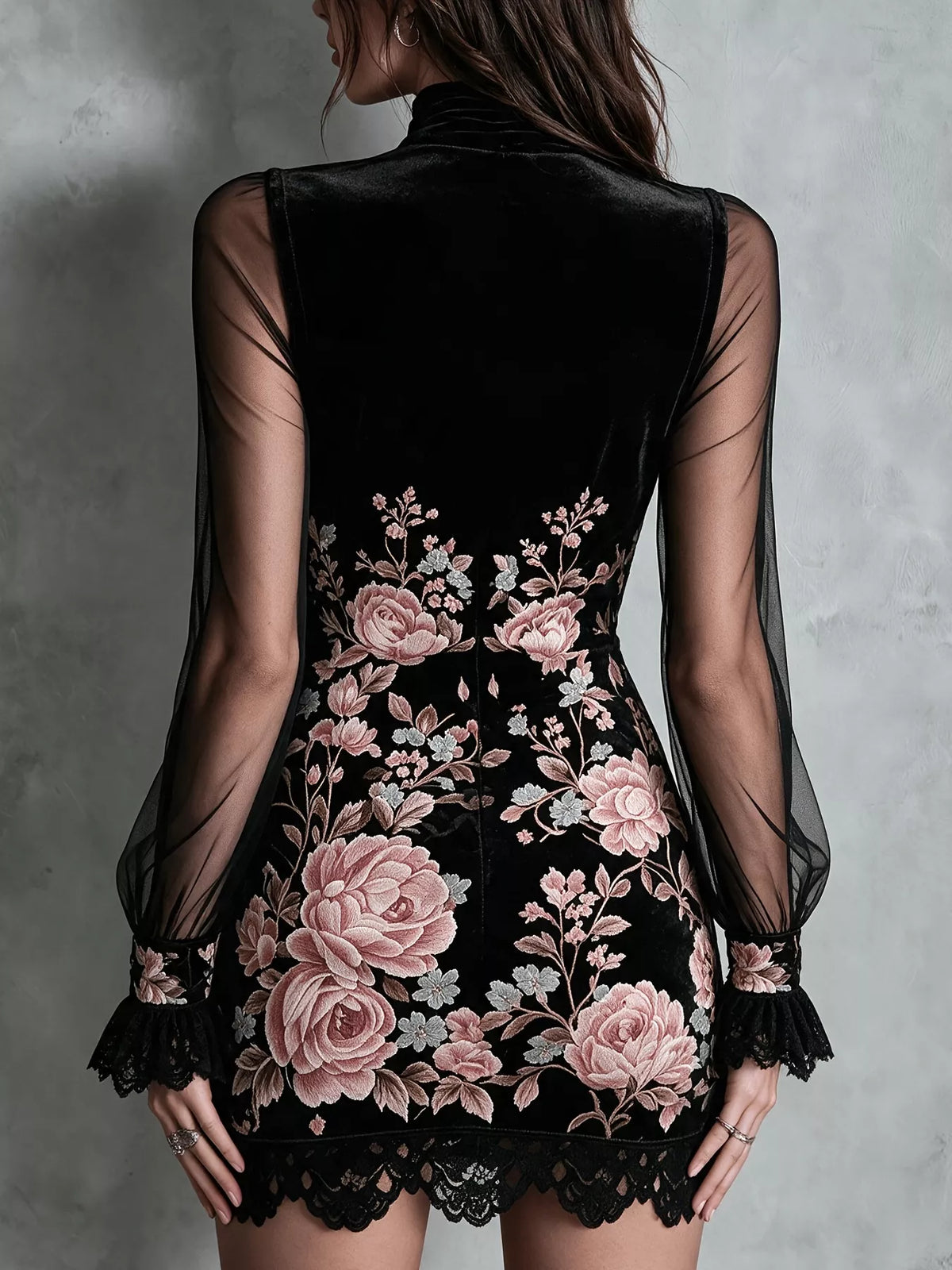 Floral Velvet Mini Dress Sheer Mesh Sleeves (4)