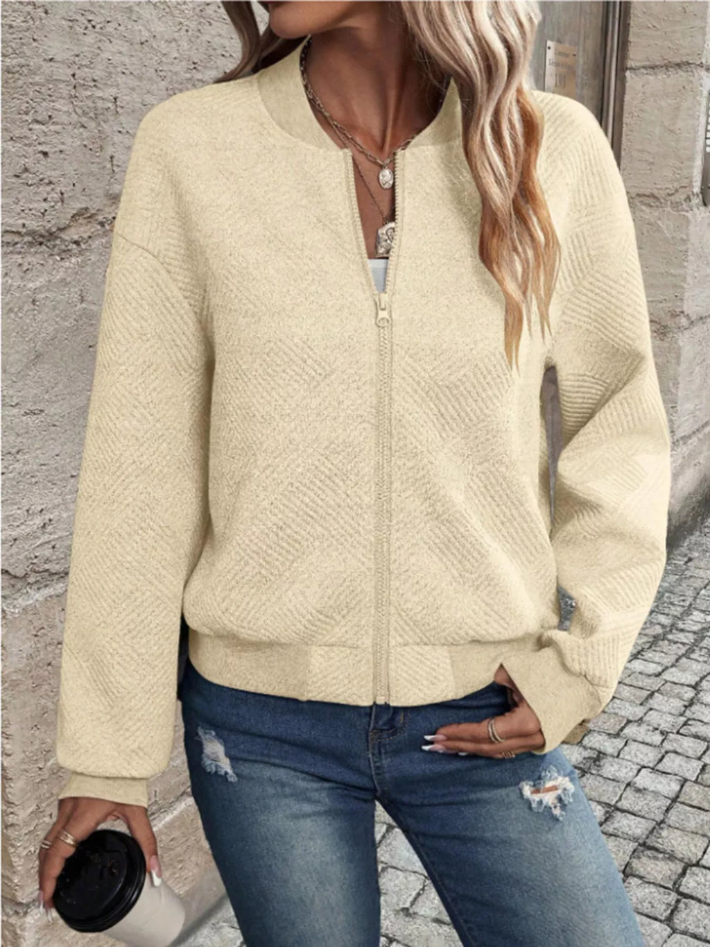 Textured Knit Zip-up Bomber Jacket (5)