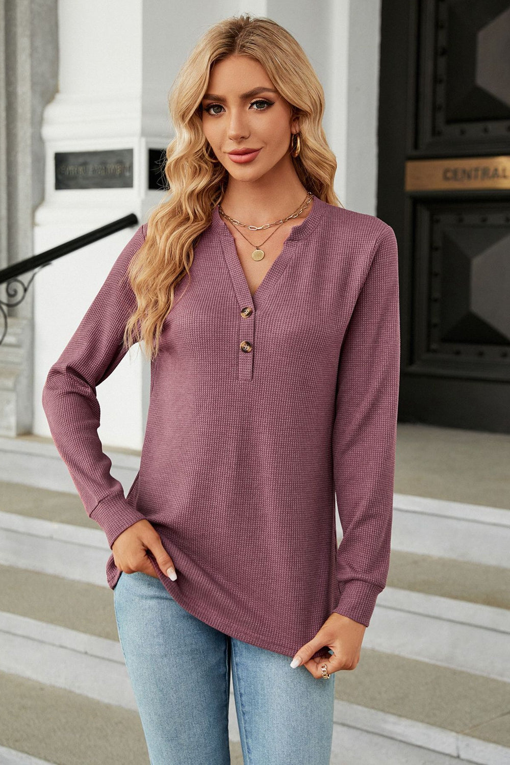 V-neck Long Sleeve Blouse (2)