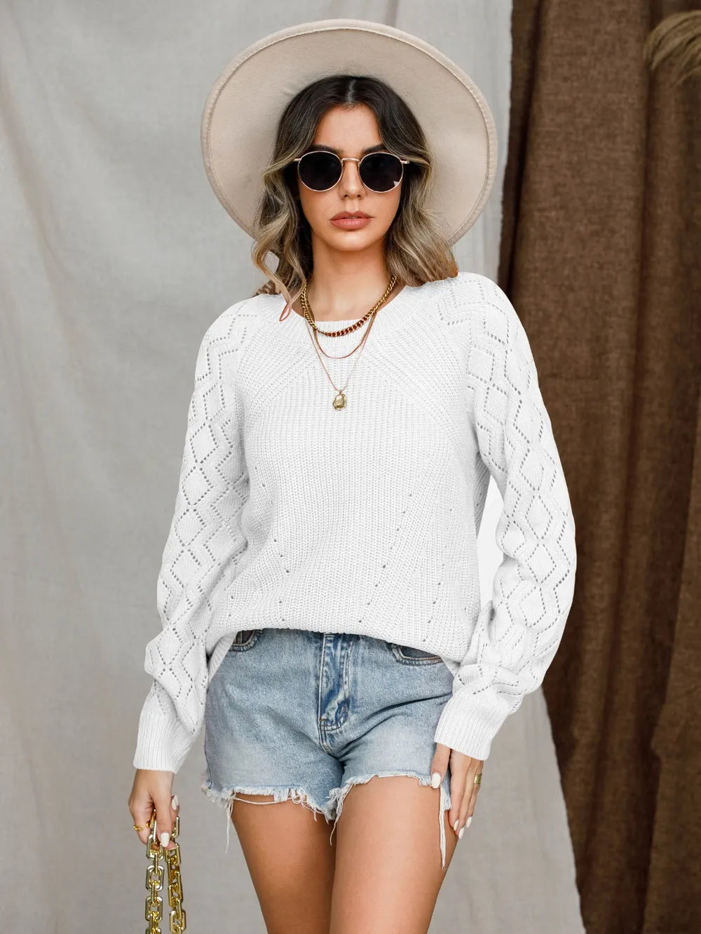 Openwork Round Neck Raglan Sleeve Sweater (25)
