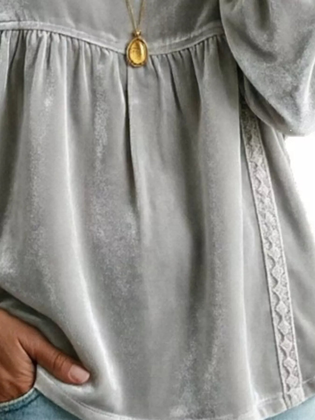 Full Size V-neck Long Sleeve Velvet Blouse Lace Trim Plus (18)