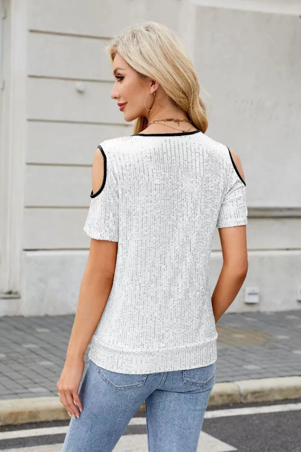Sequin Crisscross V-neck Cold Shoulder Blouse (9)