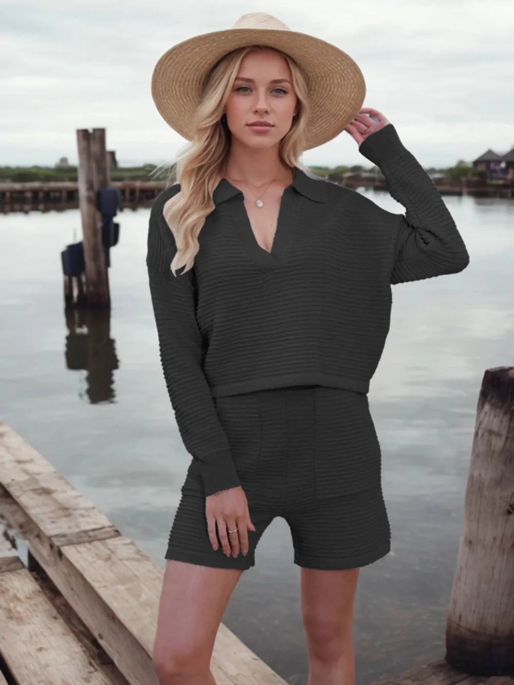Johnny Collar Long Sleeve Top Shorts Sweater Set (14)