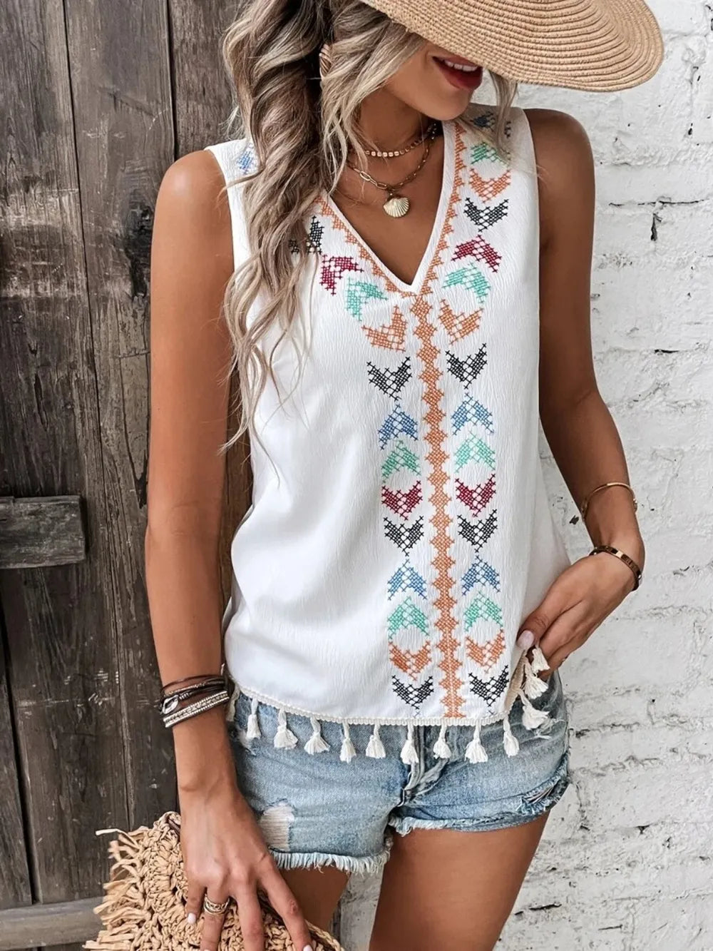 Tassel Printed V-neck Tank (9)