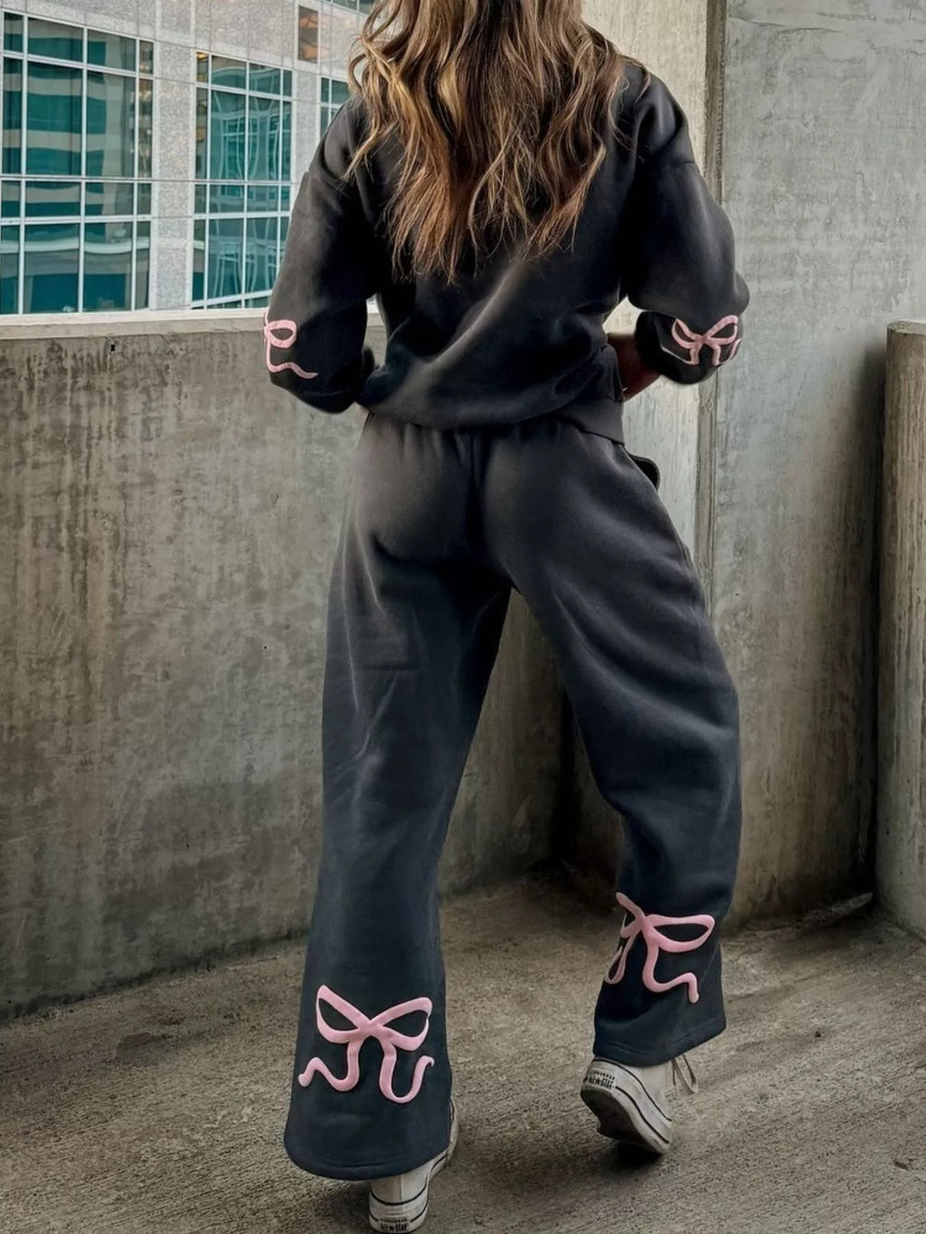 Bow Heart Dropped Shoulder Hoodie Pants Set (14)