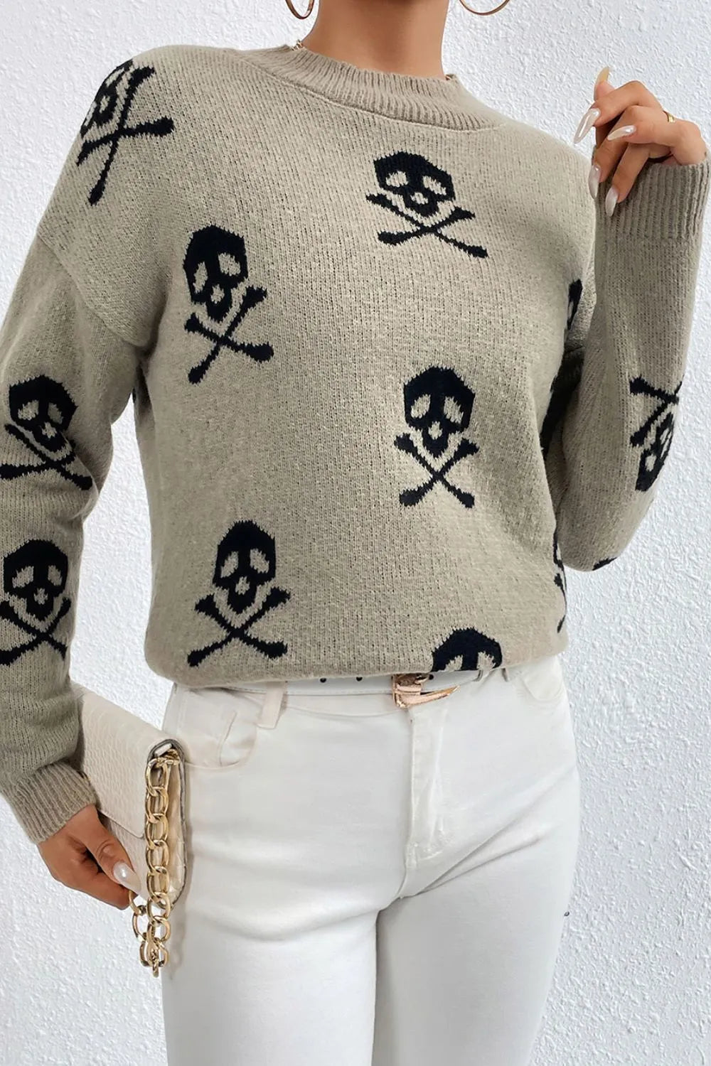 Graphic Mock Neck Dropped Shoulder Sweater (8)