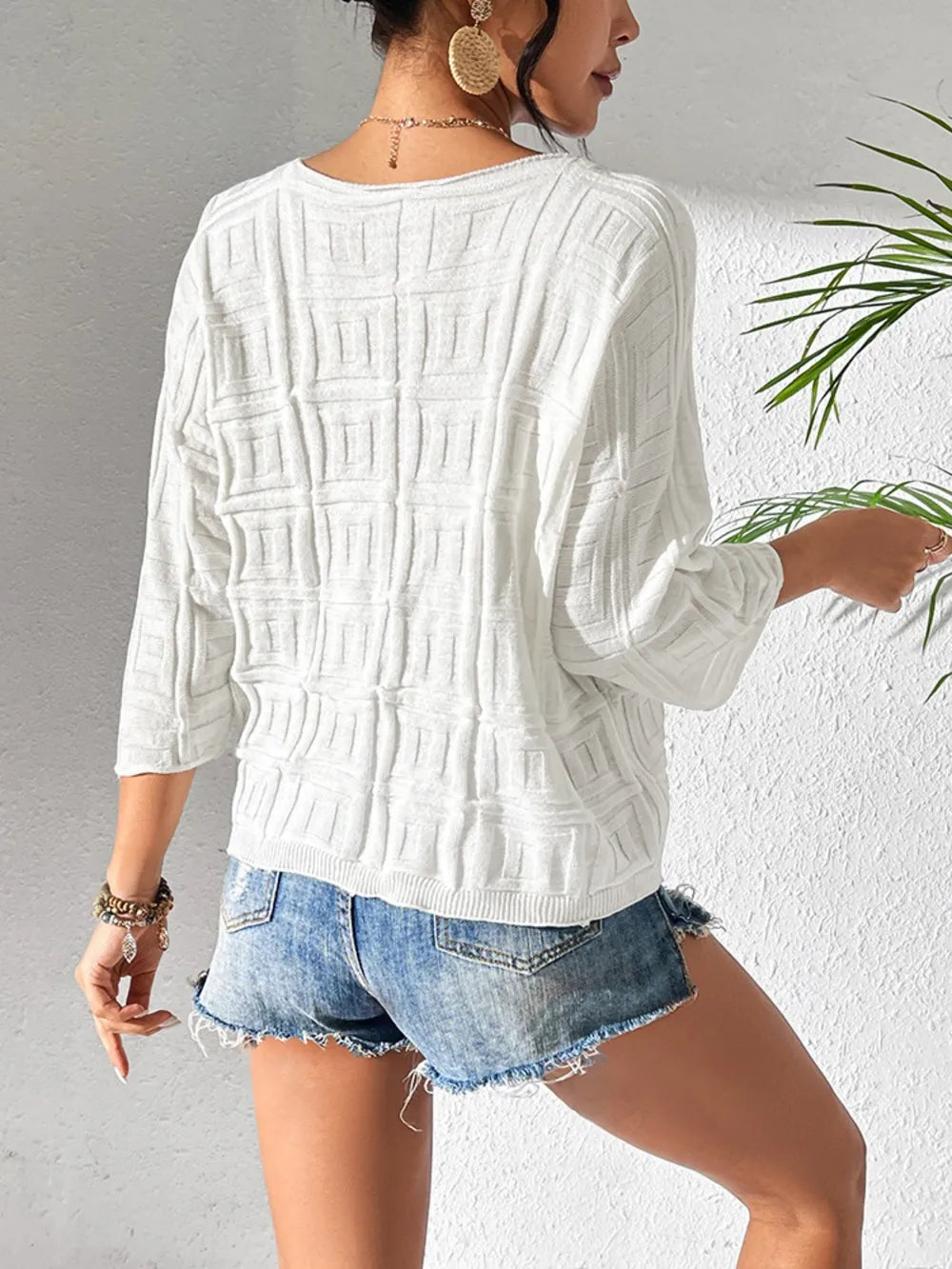 V-neck Three-quarter Sleeve Knit Top (2)