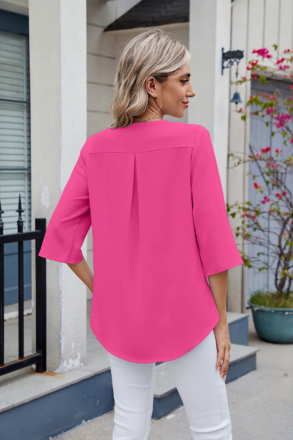Ruffled V-neck Three-quarter Sleeve Blouse (12)