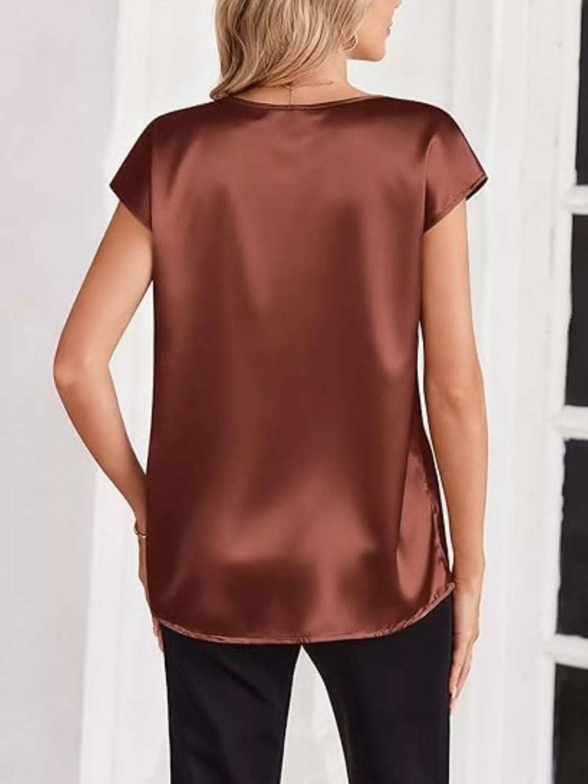 Satin V-neck Short Sleeve Blouse (13)