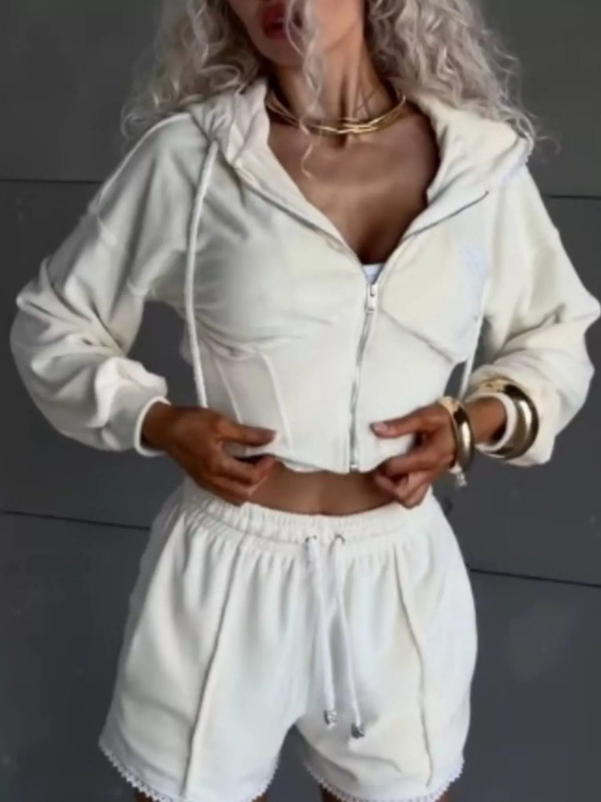 Zip Up Hooded Outerwear Shorts Set (8)