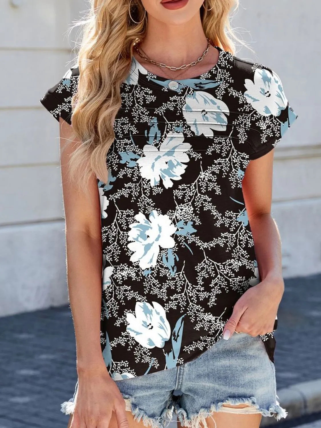 Printed Round Neck Cap Sleeve Top (27)