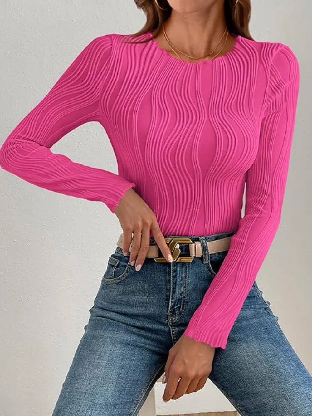 Textured Round Neck Long Sleeve Top (2)