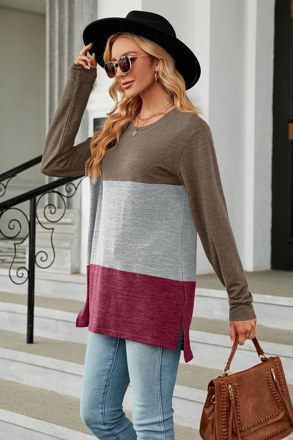 Block Round Neck Long Sleeve Slit T-shirt (8)
