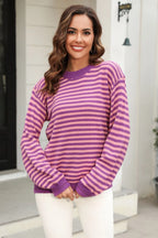 Striped Round Neck Dropped Shoulder Sweater (30)