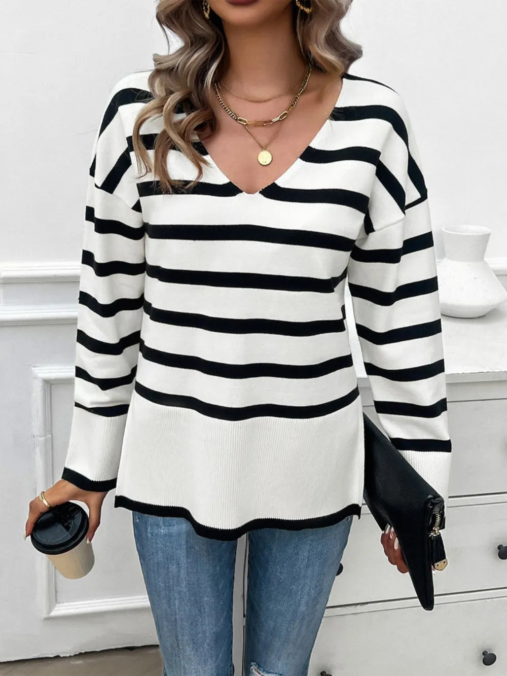 Striped V-neck Long Sleeve Knit Top (4)