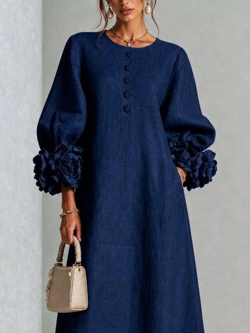 3d Floral Round Neck Midi Dress (17)