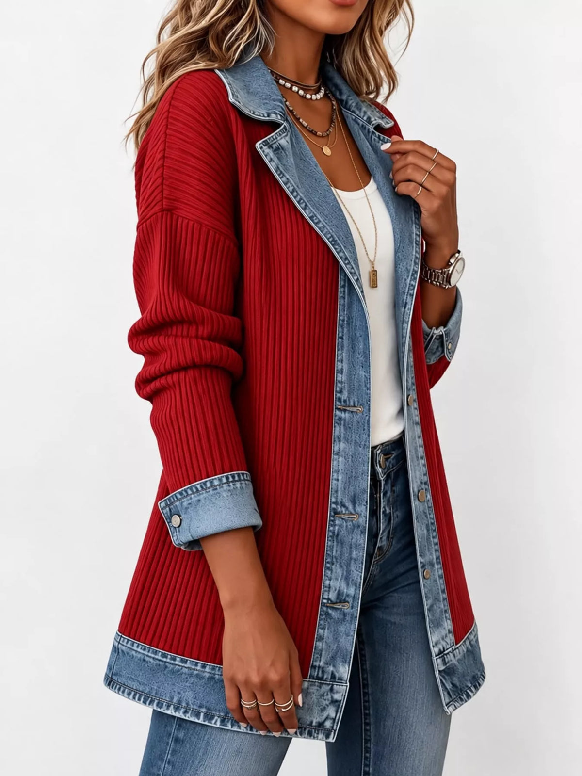 Full Size Denim Trim Ribbed Knit Cardigan Plus (19)