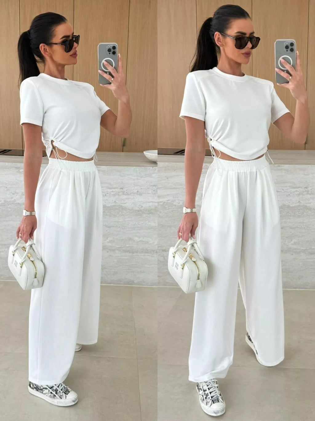 Drawstring Crop Top Wide-leg Pants Set (3)