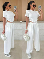 Drawstring Crop Top Wide-leg Pants Set (3)
