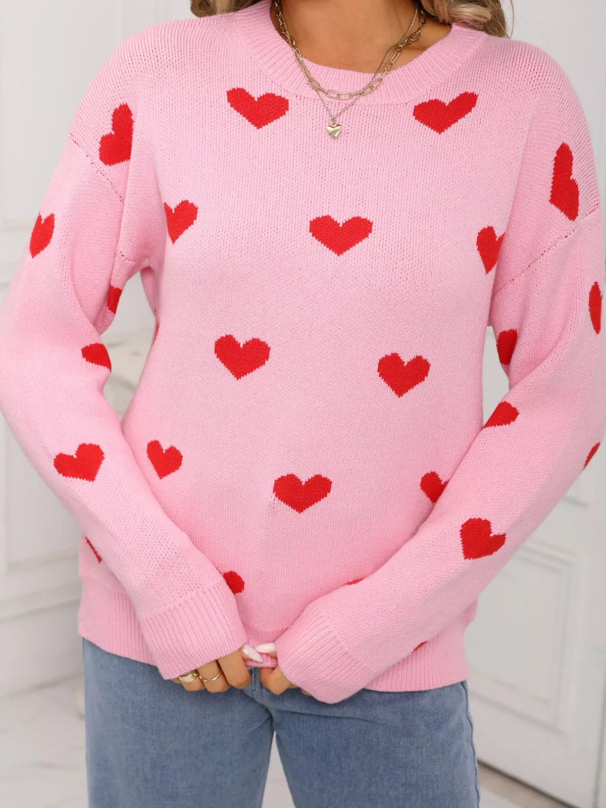 Valentine's Day Heart Pattern Dropped Shoulder Sweater (7)