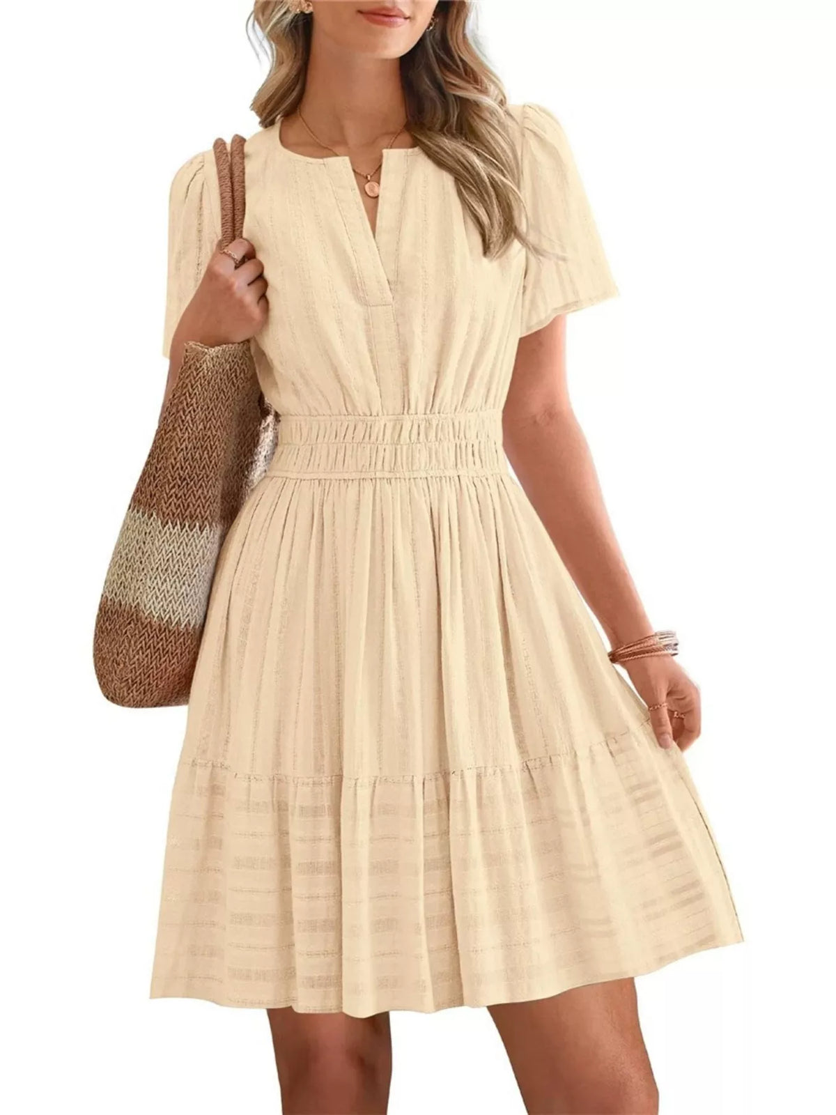 Short Sleeve Smocked Waist Tiered Dress (22)