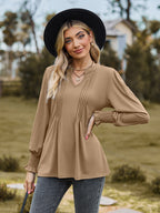 Notched Neck Flounce Sleeve Blouse (17)
